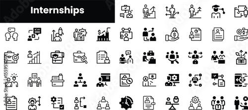 A collection of diverse internship-related icons depicting various professional activities such as networking, learning, and skill development in a modern style.