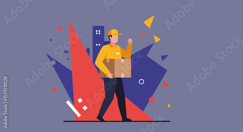 A delivery person in a yellow uniform and cap walks with a parcel, set against an abstract background with city elements, representing fast shipping.