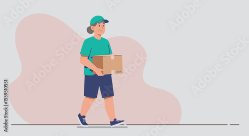 a person wearing a green cap and shirt, carrying a cardboard box, walking against a light background. Suitable for landing page, banner, marketing, web design, presentation, infographic, etc.