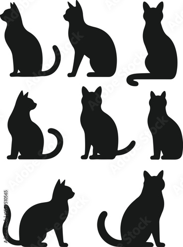 Collection of seven black cat silhouettes in various sitting poses