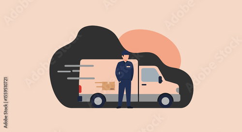 a delivery person standing next to a delivery truck, with a package visible on the truck's bed. Suitable for landing page, banner, marketing, web design, presentation, infographic, etc.