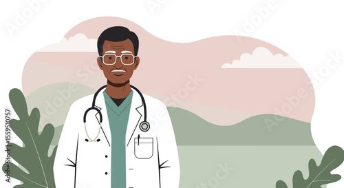 a man wearing a white coat and glasses, standing in front of a landscape with hills and clouds. Suitable for landing page, banner, marketing, web design, presentation, infographic, etc.