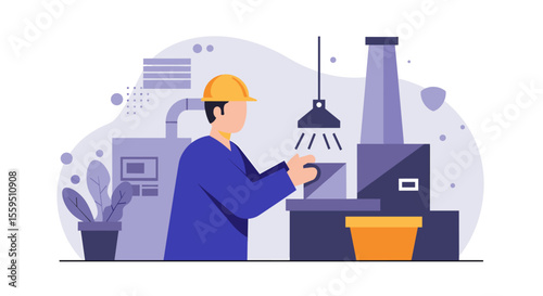 A skilled factory worker in a hard hat operates industrial machinery, showcasing modern manufacturing processes and production in a clean, stylized environment.
