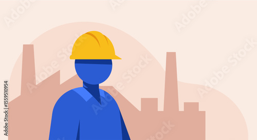 a person wearing a yellow hard hat, standing in front of a city skyline with buildings and a tower. Suitable for landing page, banner, marketing, web design, presentation, infographic, etc.