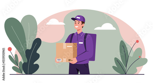 A cheerful delivery man in a purple uniform is portrayed in a flat vector illustration, holding a cardboard box against a backdrop of stylized foliage.