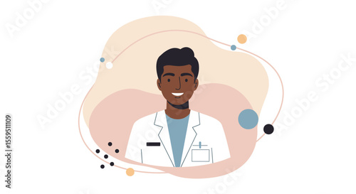 a smiling man wearing a white lab coat. Suitable for landing page, banner, marketing, web design, presentation, infographic, etc.