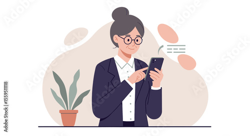 a woman in a business suit using a smartphone, with a potted plant in the background. Suitable for landing page, banner, marketing, web design, presentation, infographic, etc.