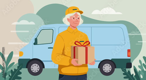 Friendly elderly woman courier in uniform delivers a gift package with a blue van in the background, representing logistics and delivery services.
