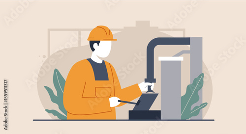 a worker in an orange jumpsuit and hard hat operating a piece of machinery, with a backdrop of greenery. Suitable for landing page, banner, marketing, web design, presentation, infographic, etc.
