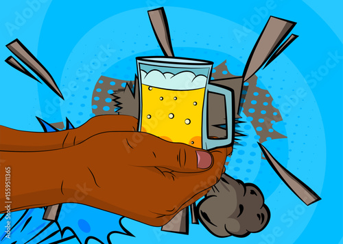 Cartoon, comic book human hands holding Beer glass. Retro vector comics pop art design.