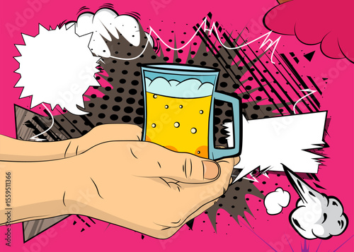 Cartoon, comic book human hands holding Beer glass. Retro vector comics pop art design.