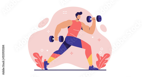 a man in a pink tank top and blue shorts, actively engaged in weightlifting with dumbbells in his hands. Suitable for landing page, banner, marketing, web design, presentation, infographic, etc.