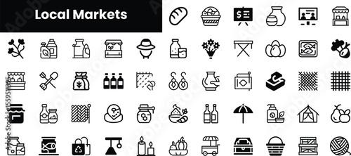A vibrant collection of black and white icons representing local markets, featuring items like produce, crafts, and goods, perfect for community-themed designs.