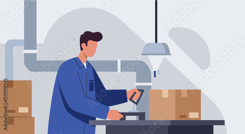 a man in a blue uniform handling a package at a workstation with cardboard boxes and pipes in the background. Suitable for landing page, banner, marketing, web design, presentation, infographic, etc.