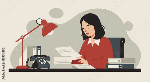 a woman seated at a desk, engrossed in reading a document, with a telephone, folders, and a lamp nearby. Suitable for landing page, banner, marketing, web design, presentation, infographic, etc.