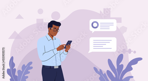 a man in a blue shirt and glasses, engrossed in his phone, with two chat bubbles above him. Suitable for landing page, banner, marketing, web design, presentation, infographic, etc.