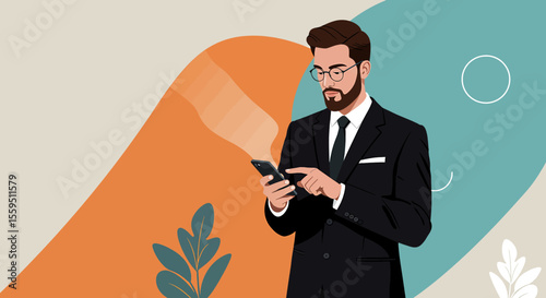 a man in a suit and tie is looking at his phone