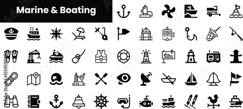 A diverse collection of marine and boating icons, showcasing various elements like boats, anchors, life vests, and navigation tools in a clean, black and white design.