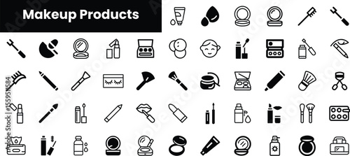 A collection of black and white icons representing various makeup products, including lipsticks, brushes, and compacts, arranged in a neat grid format.