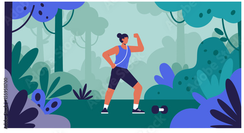 a person exercising in a lush, green forest environment, with a focus on the individual's muscular arm raised. Suitable for landing page, banner, marketing, web design, presentation, infographic, etc.