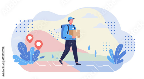 A delivery person in blue uniform walks confidently, carrying a package, against a scenic backdrop of hills and stylized foliage, suggesting efficient and reliable delivery service.
