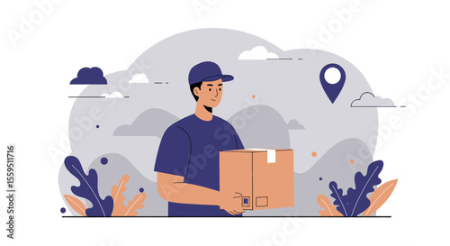 a delivery person holding a brown box, wearing a blue cap, with a location pin and clouds in the background. Suitable for landing page, banner, marketing, web design, presentation, infographic, etc.