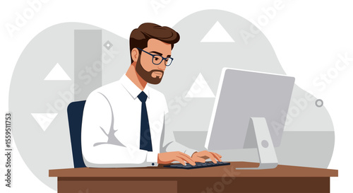 A man with a beard and glasses is sitting at a desk, working on a computer with a keyboard in front of him. Suitable for landing page, banner, marketing, web design, presentation, infographic, etc.
