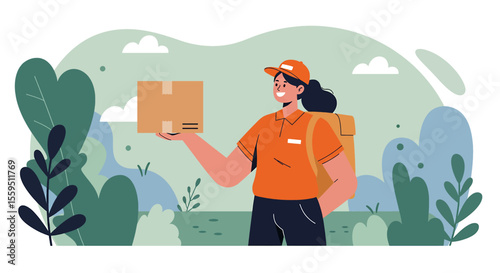 A cheerful delivery woman wearing an orange uniform is depicted holding a package, set against a backdrop of stylized greenery, symbolizing efficient service.