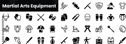 A collection of various martial arts equipment icons, featuring gloves, belts, weapons, and protective gear in a minimalist black and white design.