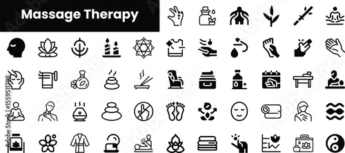 A diverse collection of massage therapy icons, featuring symbols for relaxation, treatment techniques, and wellness, illustrating the holistic nature of massage practices.