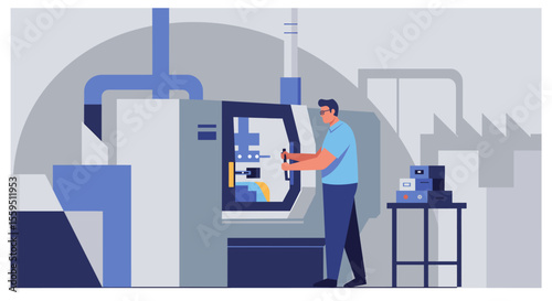 An operator is depicted working on a CNC machine in a factory setting, highlighting precision manufacturing and modern industrial processes with a focus on automation.