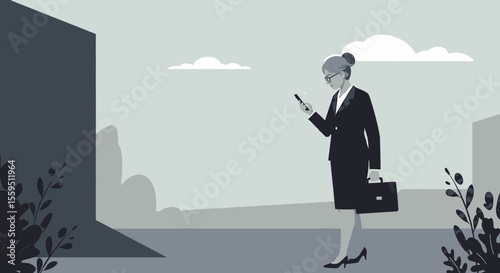 an older woman in a business suit walking and looking at her phone, with a briefcase in hand. Suitable for landing page, banner, marketing, web design, presentation, infographic, etc.
