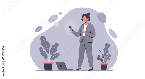 a man in a suit standing next to a plant