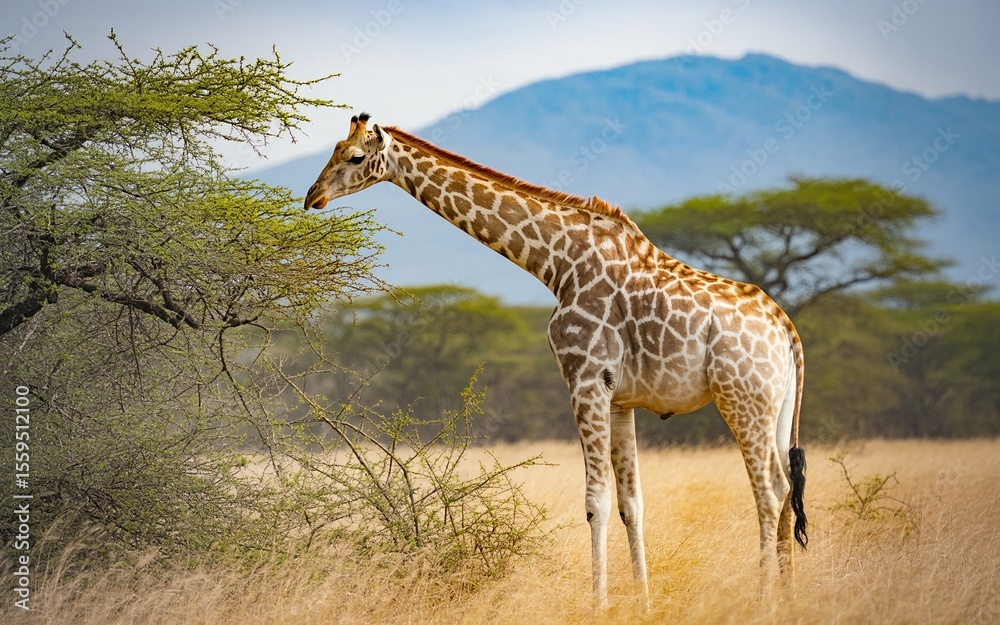 Fototapeta premium Giraffe Grazing in African Savanna Landscape