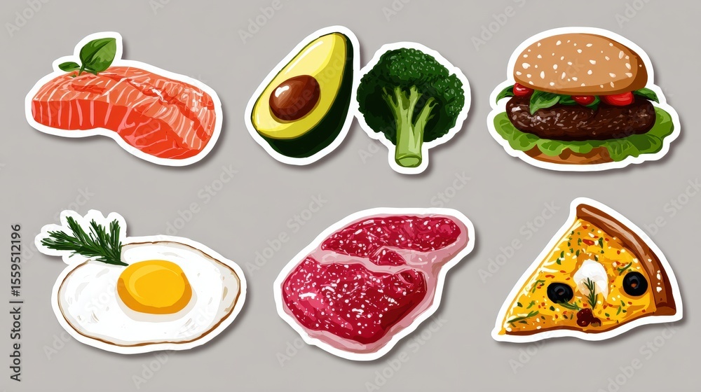 Illustrated food stickers featuring salmon, avocado, broccoli, burger, fried egg, steak, and pizza on a gray background. Illustrated food stickers featuring salmon, avocado, broccoli, burger, fried egg, steak, and pizza on a gray background.