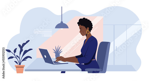 A professional Black woman is deeply focused on her laptop, working efficiently at a sleek modern desk within a bright, contemporary office.
