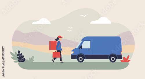 A delivery person is walking alongside a blue van in a landscape with mountains, clouds, and birds in the sky. Suitable for landing page, banner, marketing, web design, presentation, infographic, etc.