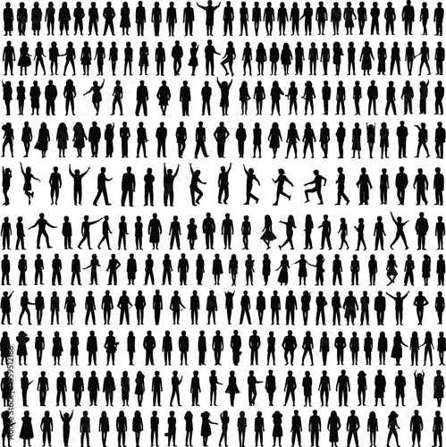 A massive collection of black silhouettes, a comprehensive vector set of diverse people, men and women in various poses, isolated on a white background.