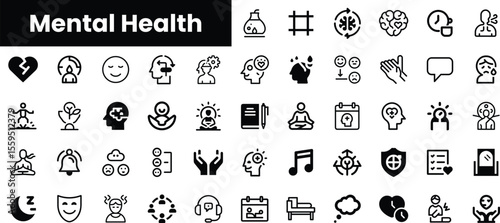 A collection of minimalist icons representing various aspects of mental health, including emotions, mindfulness practices, and support systems in black and white.