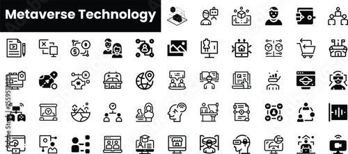 A collection of sleek black and white icons representing Metaverse technology, showcasing virtual interactions, data analysis, and digital communication.