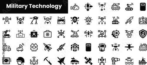 A diverse collection of military technology icons, featuring drones, vehicles, and equipment in a minimalist black and white design.