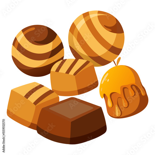 Assorted caramel treats with gloss highlights with white background.
