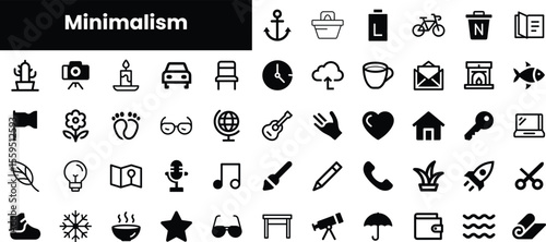 A diverse collection of minimalistic icons representing various activities and objects, including nature, transportation, and everyday items in a monochromatic style.