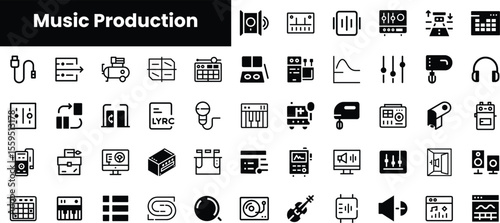 A collection of sleek black and white icons representing various aspects of music production, including equipment, software, and audio elements.