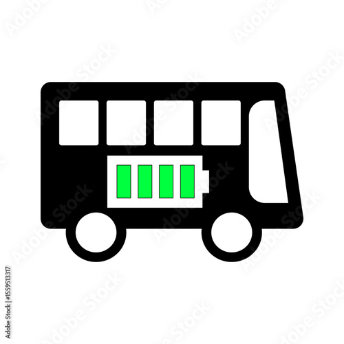 black silhouette of a bus with a battery icon inside showing a full charge with four green bars. symbol electric bus or a bus powered by a battery, indicating its operational status or energy level.