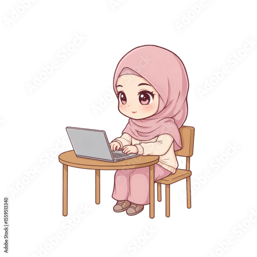 Hijab girl using laptop. Transparent vector