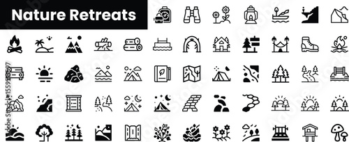 A collection of nature retreat icons featuring mountains, camping gear, and outdoor activities, ideal for promoting eco-friendly travel and adventure.