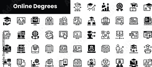 A collection of black icons representing online degrees and education, showcasing various elements like graduation caps, laptops, and certificates.