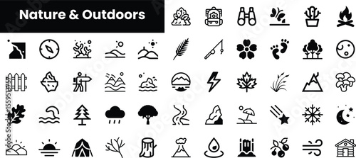 A collection of black and white icons representing nature and outdoor activities, including mountains, plants, tools, and weather symbols, perfect for environmental themes.
