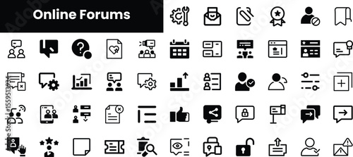 A diverse set of black and white icons depicting various online forum functionalities, including communication, feedback, and data sharing, suitable for modern digital interfaces.
